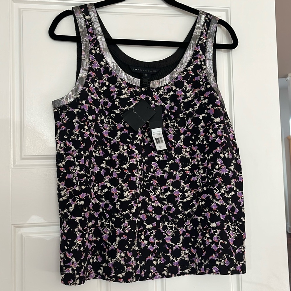 NWT Marc Jacobs Exeter Print Top Floral Metallic Trim Silk and Mesh $168 – M
